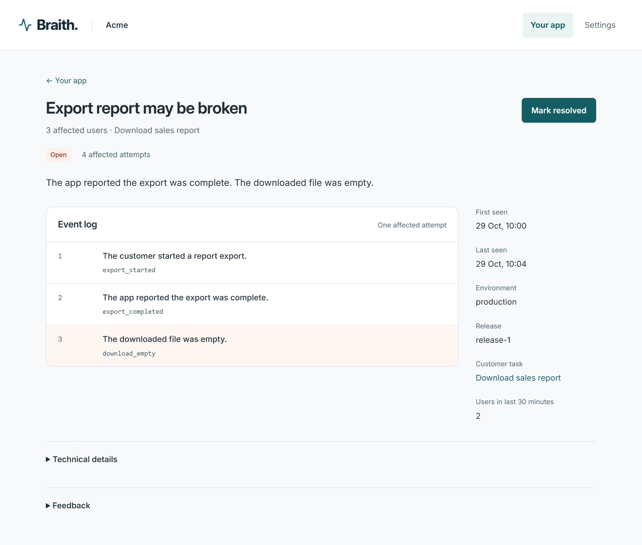 Braith incident showing three affected users and a failed download after an export reported completion.